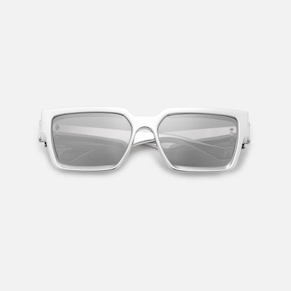 Silver mirrored square sunglasses, folded and laid flat, front view showing the reflective lenses. 12