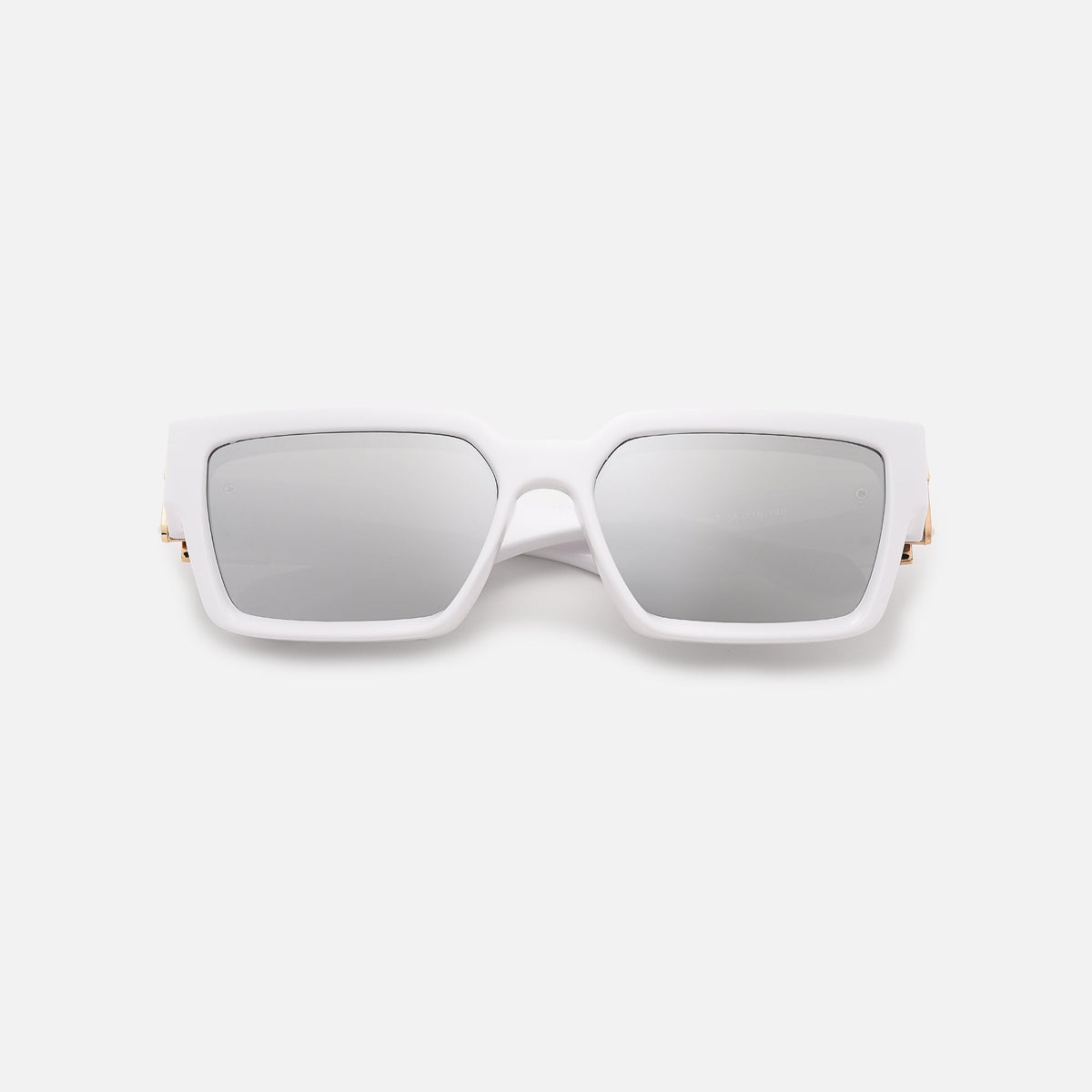 White-framed sunglasses with mirrored silver lenses, folded and laid flat, front view. 18