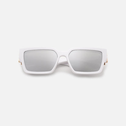 White-framed sunglasses with mirrored silver lenses, folded and laid flat, front view. 18