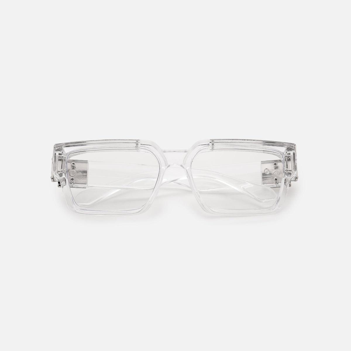 Chunky clear rectangular frames with clear lenses and silver metal hinge plates, folded and seen from above on a white background. 21