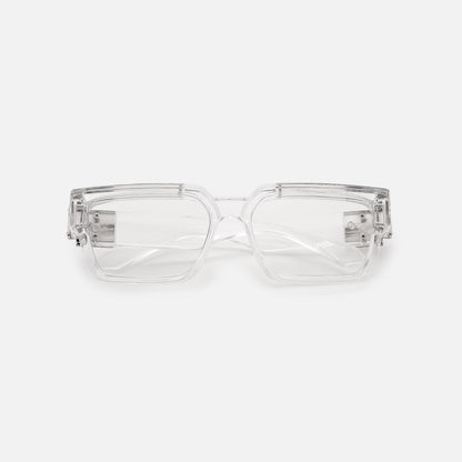 Chunky clear rectangular frames with clear lenses and silver metal hinge plates, folded and seen from above on a white background. 21