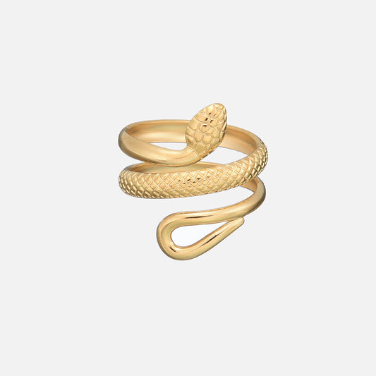 Gold-coloured coiled snake ring seen from the front, with a scaled head, textured body and an open teardrop tail end. 1