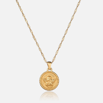 Front view of a round gold pendant with a cherub in relief and a rope-style rim, on a twisted chain. 1