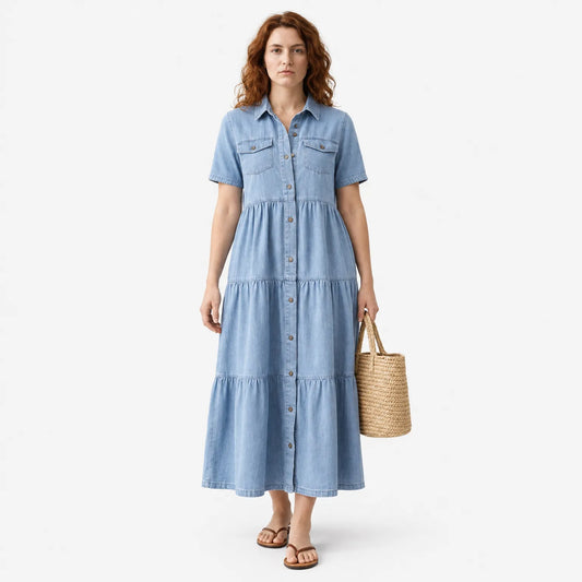 Denim Print Midi Dress - Relaxed Button-Front Style