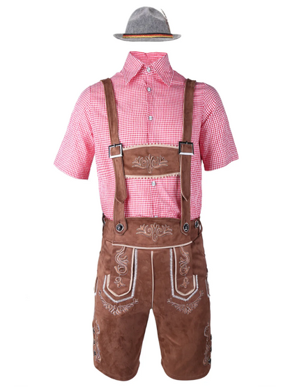 Flat-lay of brown suede-look embroidered lederhosen with braces, red gingham short-sleeved shirt and grey feathered felt hat. 2