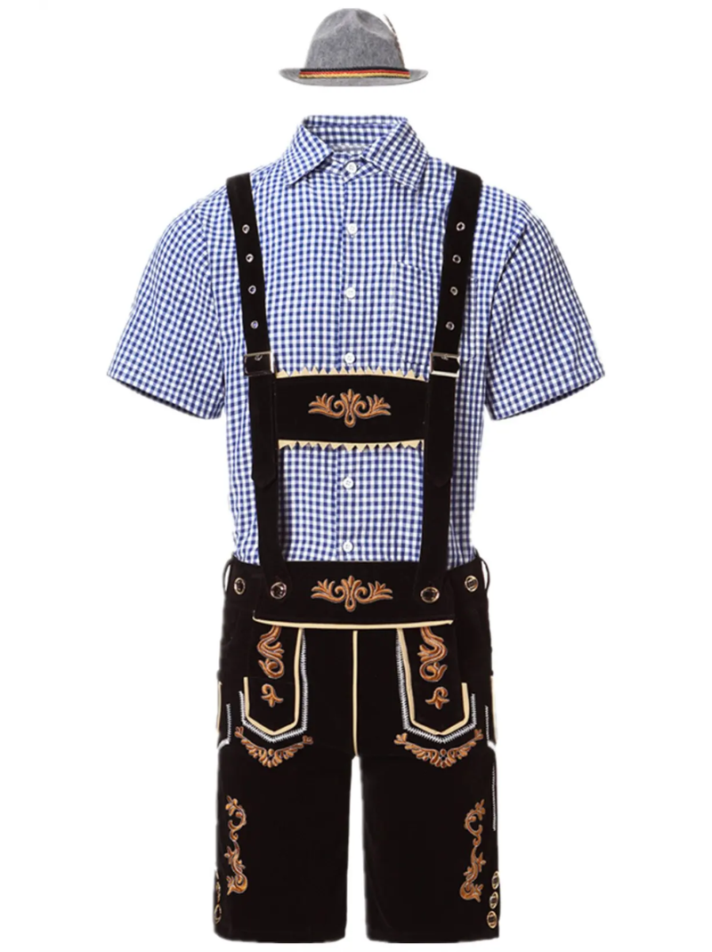 Flat-lay of black velvet-look lederhosen with orange embroidery, dark blue gingham shirt and grey hat with a red, gold and black band. 3