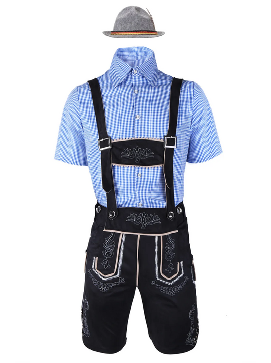 Flat-lay of black embroidered lederhosen with braces, light blue gingham short-sleeved shirt and grey feathered felt hat. 1