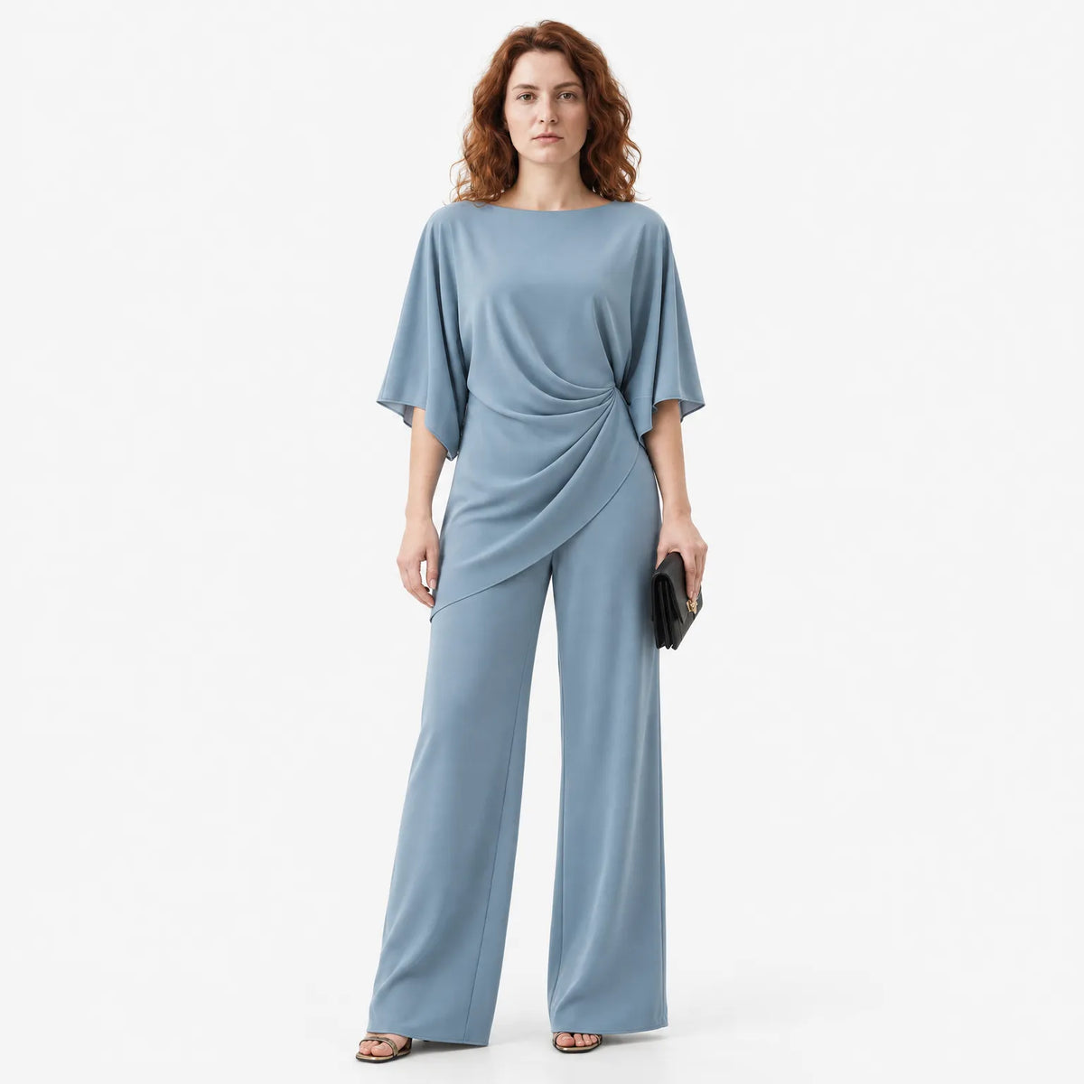 Draped Blouse & Wide-Leg Trouser Two-Piece Set