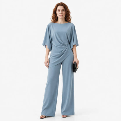 Draped Blouse & Wide-Leg Trouser Two-Piece Set