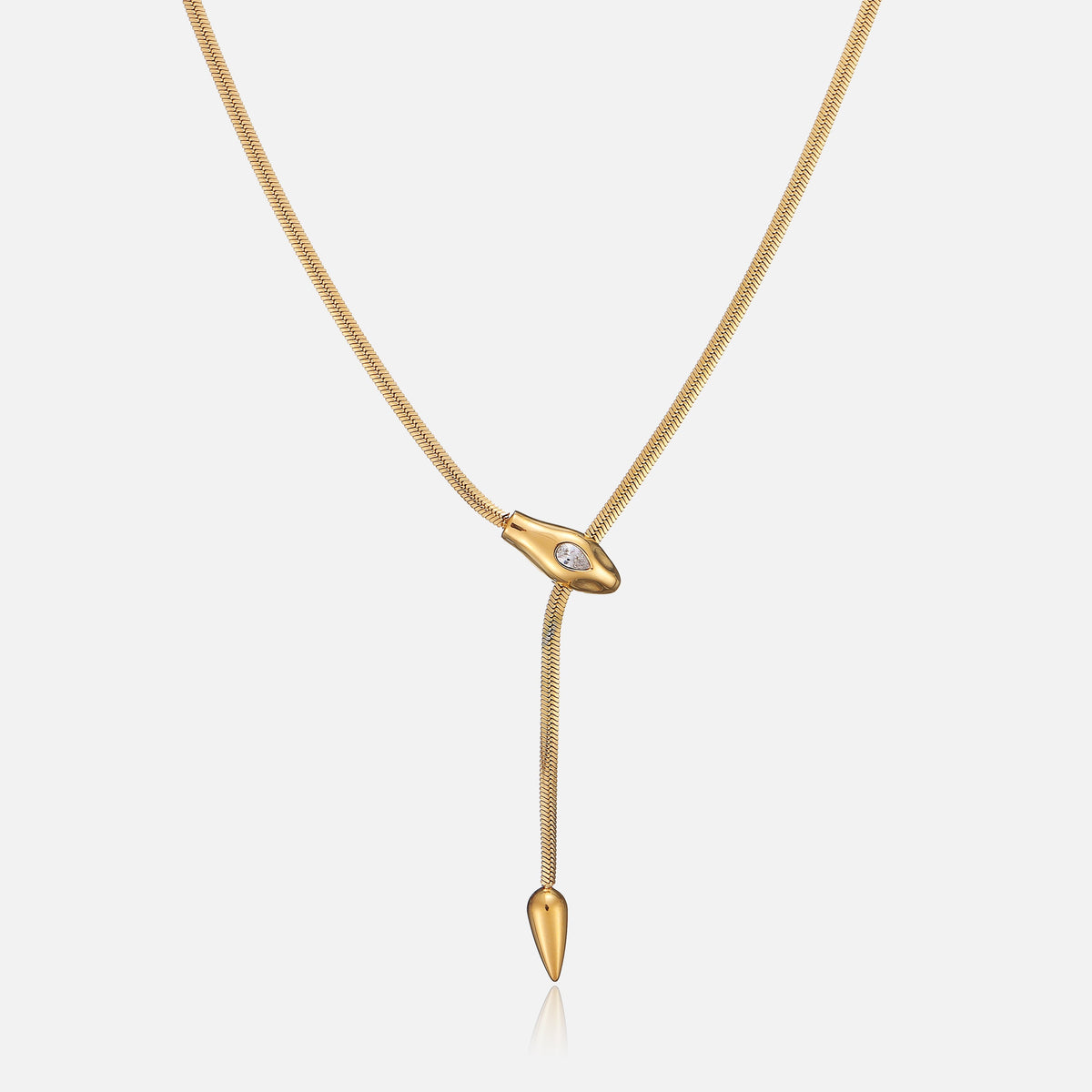 Gold-tone snake chain necklace with a snake-head slider and cone-shaped drop, shown front-on against light grey 1