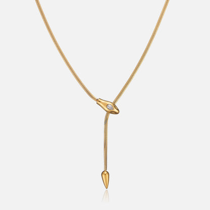 Gold-tone snake chain necklace with a snake-head slider and cone-shaped drop, shown front-on against light grey 1