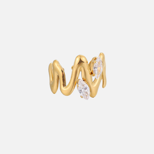 Side view of the gold-toned open ring, showing its rippling band and two clear marquise-shaped stones set at different heights. 2