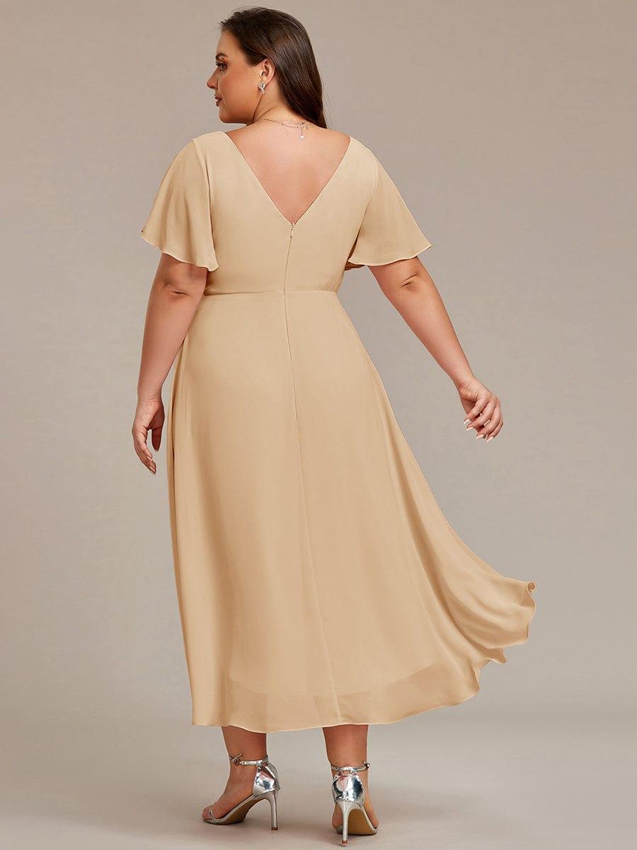 Chiffon High-Low Wedding Guest Dress with V-Neck and Short Sleeves 154