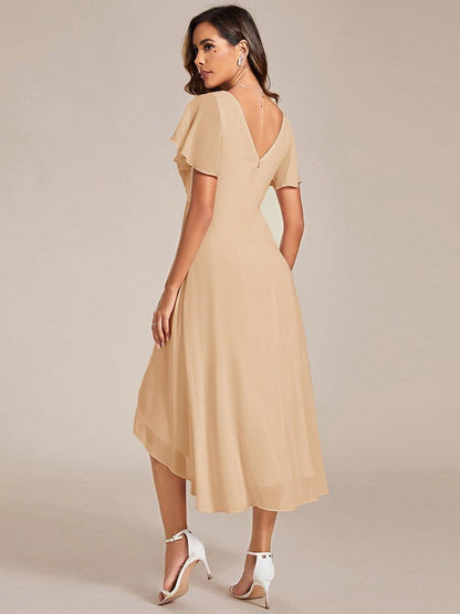Chiffon High-Low Wedding Guest Dress with V-Neck and Short Sleeves 151