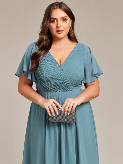 Chiffon High-Low Wedding Guest Dress with V-Neck and Short Sleeves 115