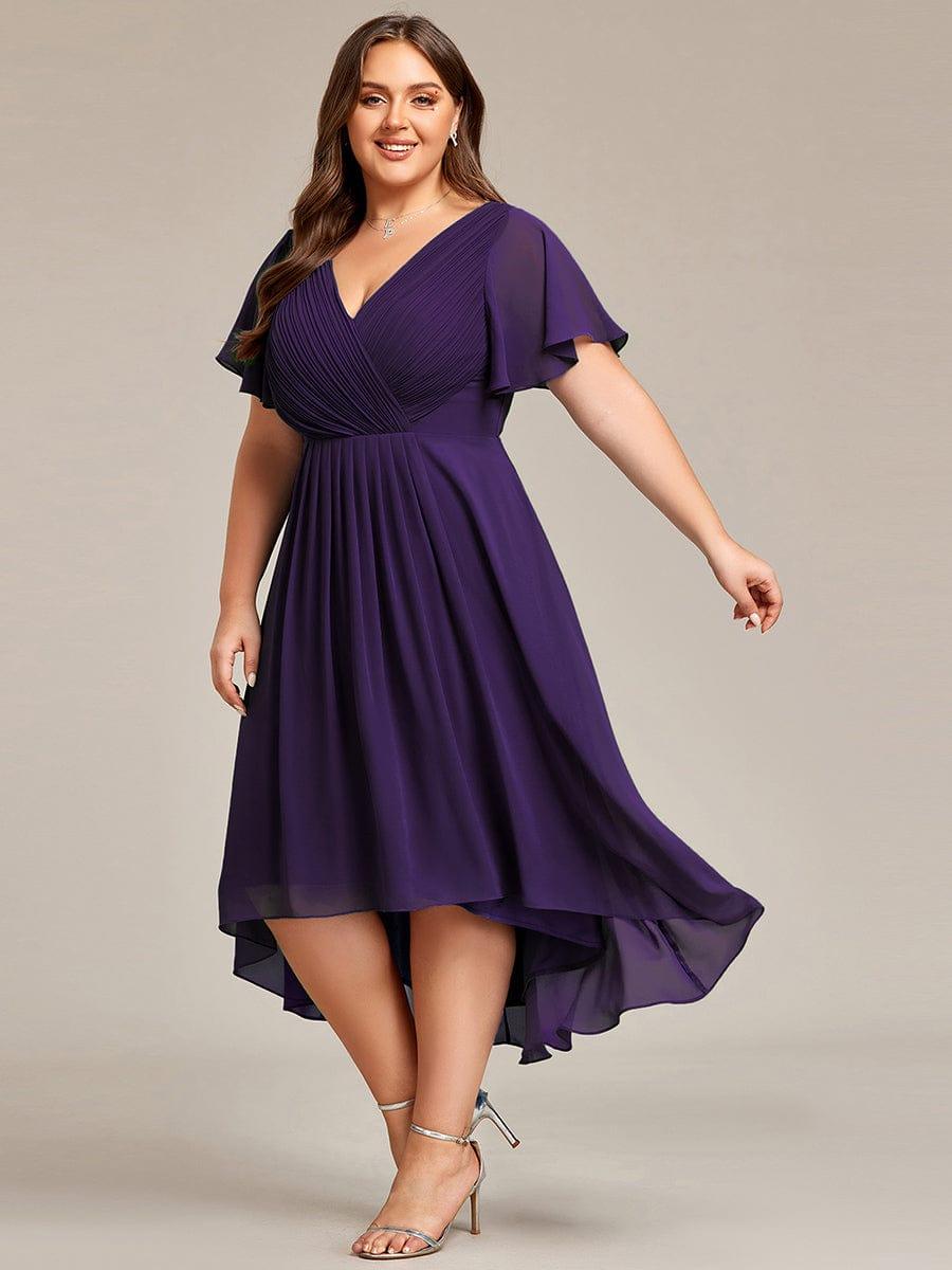 Chiffon High-Low Wedding Guest Dress with V-Neck and Short Sleeves 121