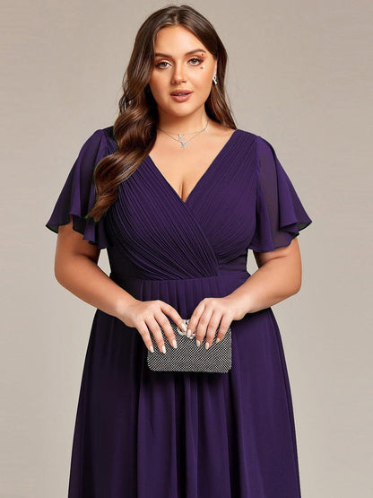 Chiffon High-Low Wedding Guest Dress with V-Neck and Short Sleeves 123