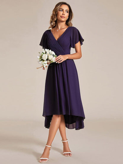 Chiffon High-Low Wedding Guest Dress with V-Neck and Short Sleeves 119