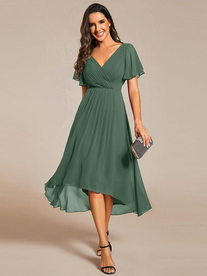 Chiffon High-Low Wedding Guest Dress with V-Neck and Short Sleeves 144