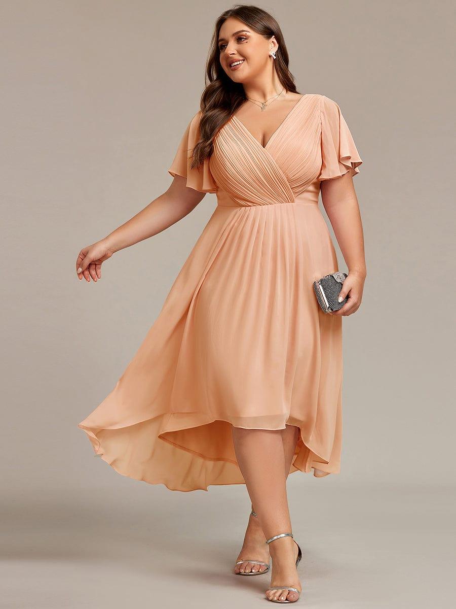 Chiffon High-Low Wedding Guest Dress with V-Neck and Short Sleeves 139