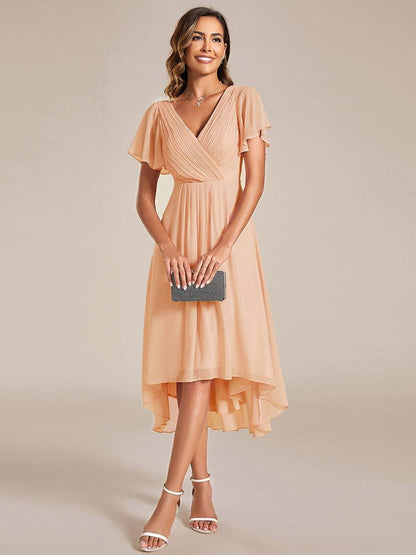 Chiffon High-Low Wedding Guest Dress with V-Neck and Short Sleeves 134