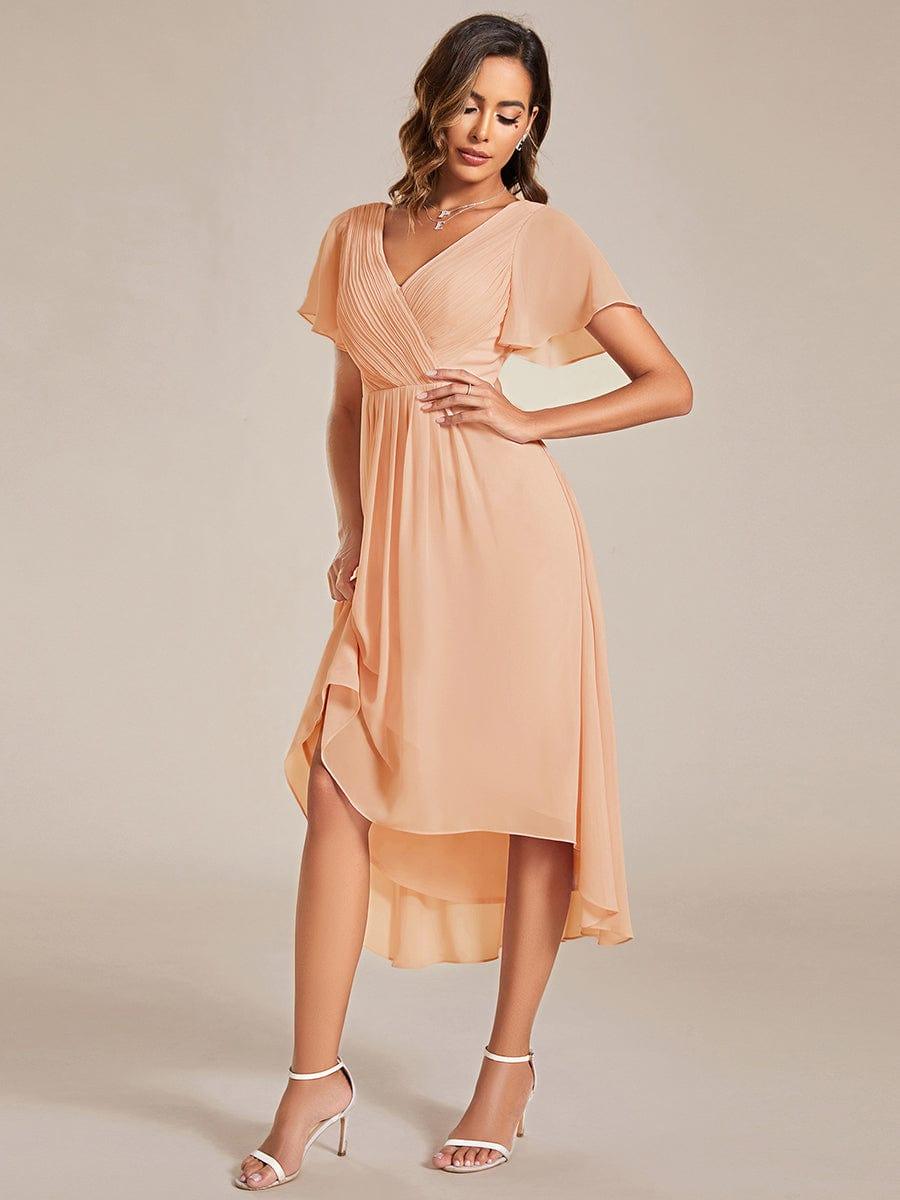 Chiffon High-Low Wedding Guest Dress with V-Neck and Short Sleeves 137