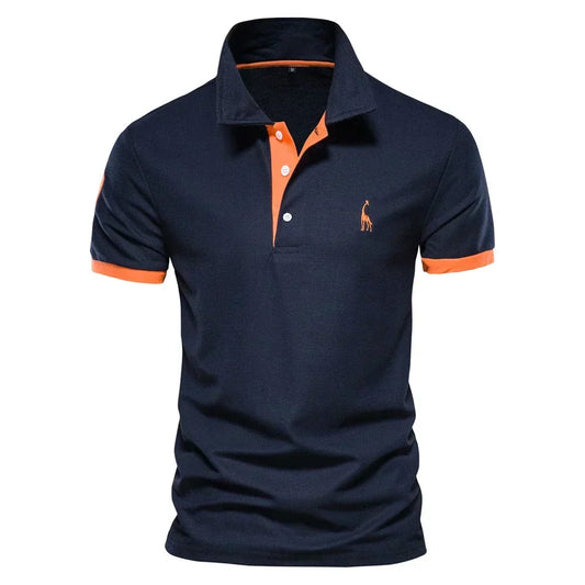 Navy short-sleeved polo with orange placket, collar trim, cuffs and embroidered giraffe on the chest 1