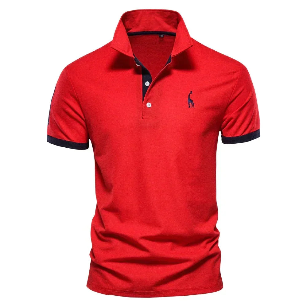 Red short-sleeved polo with navy cuffs, inner placket trim and a navy embroidered giraffe 5