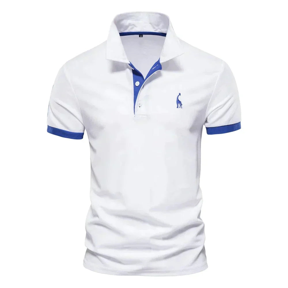 White short-sleeved polo with bright blue cuffs, placket trim and a blue embroidered giraffe 3