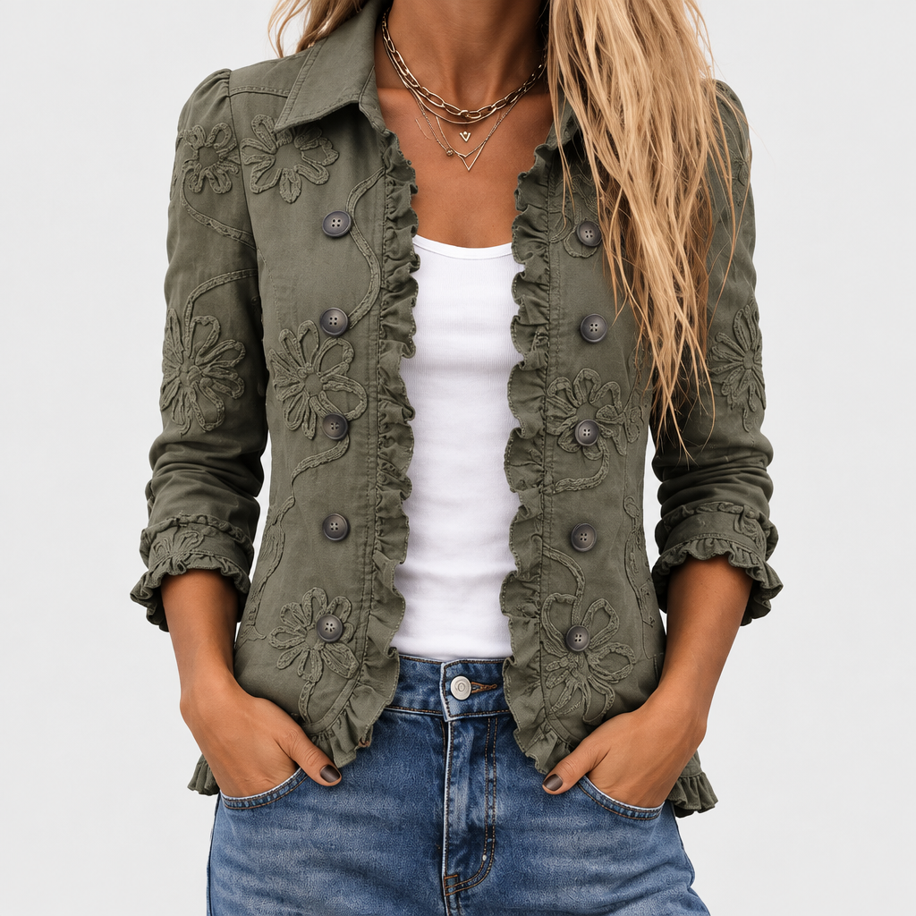 Close front crop of the olive green jacket worn open over a white vest and jeans 1