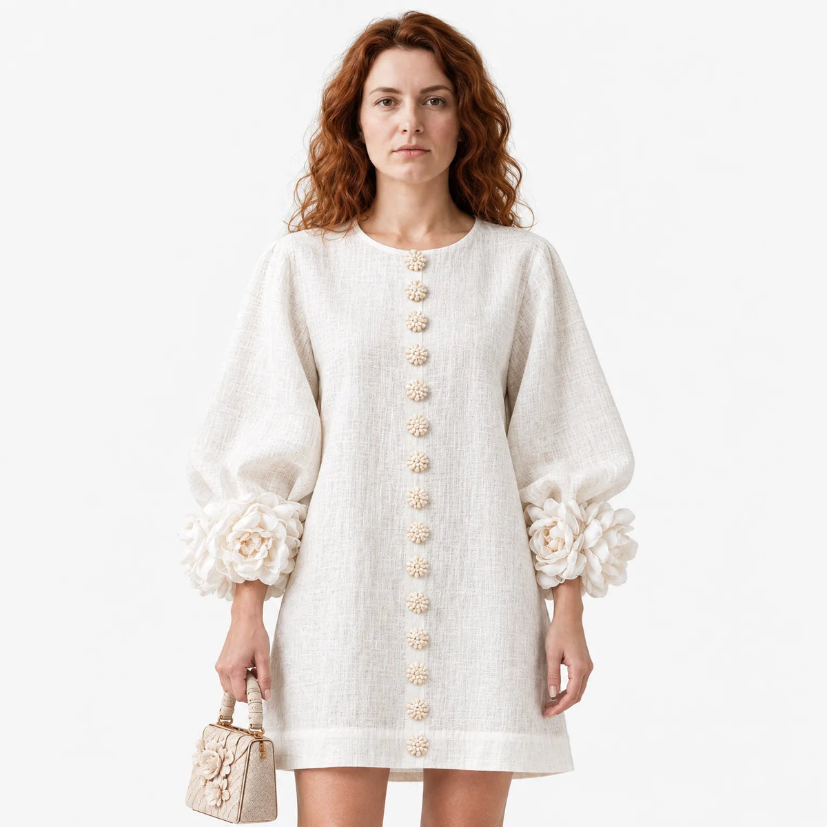 Elegant A-Line Dress with Volume Sleeves and Floral Buttons
