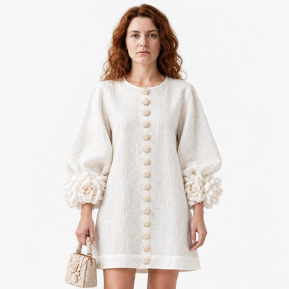 Elegant A-Line Dress with Volume Sleeves and Floral Buttons
