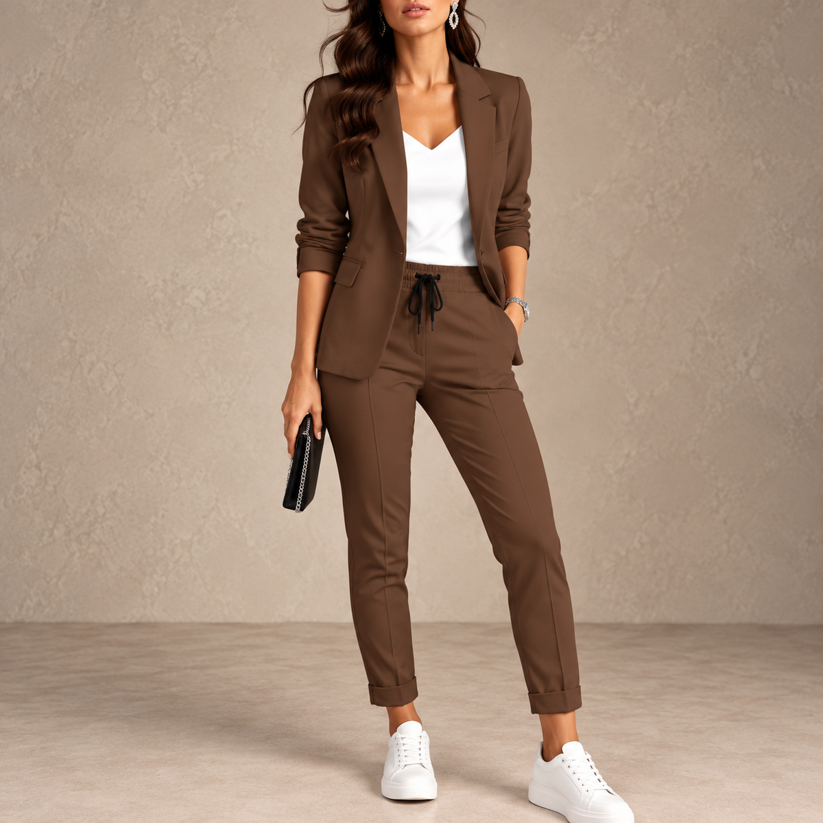 Model wears the blazer and drawstring trousers in chocolate brown with a white top and trainers 6