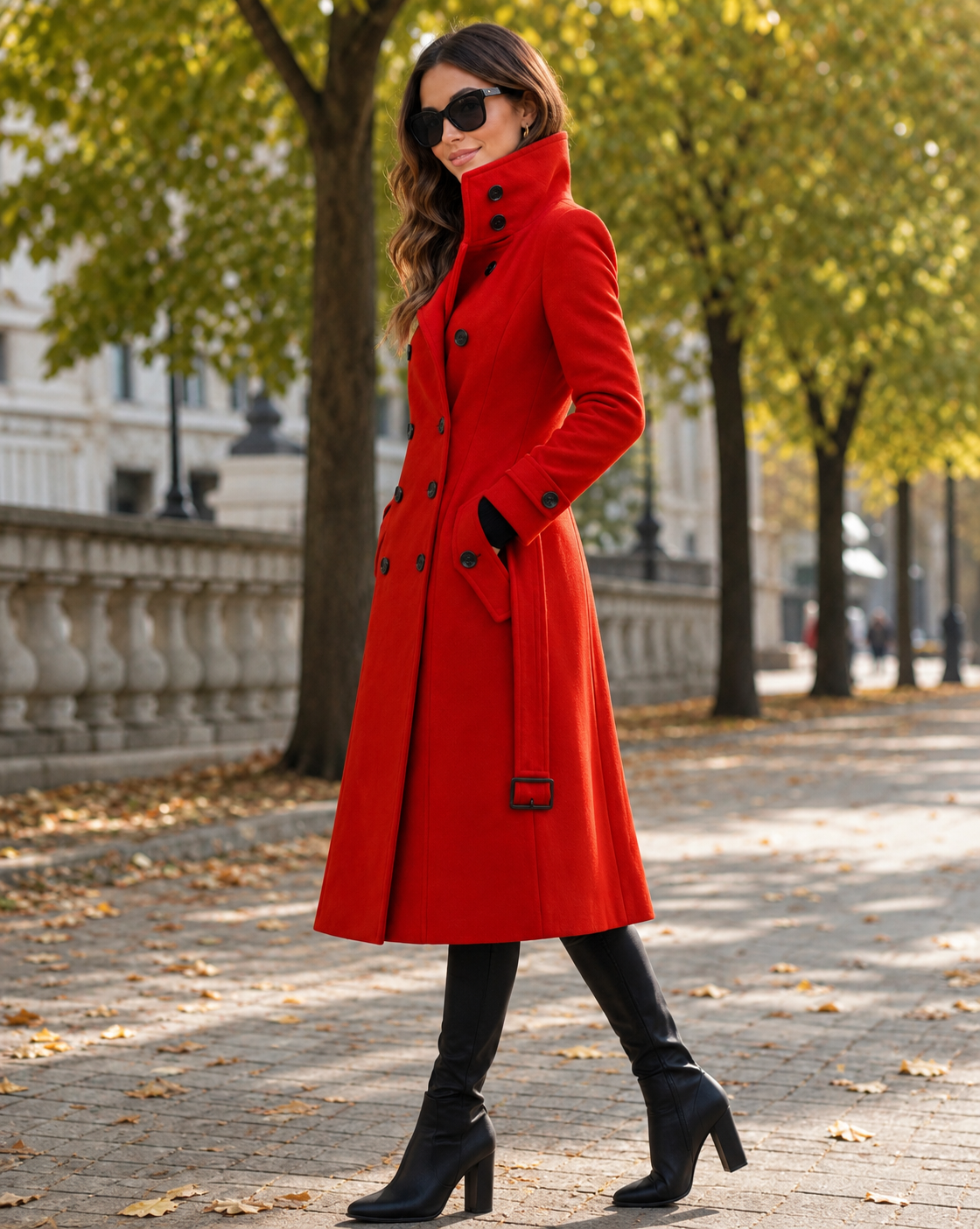 Side view of the red belted coat worn with black knee-high boots on a tree-lined path 2