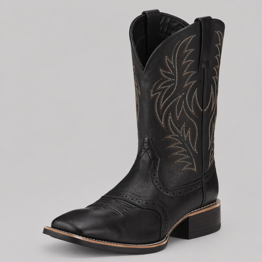 Black leather cowboy boot seen from the front and side, with contrast feather-pattern stitching on the shaft 1