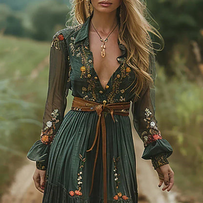 Close-up of the plunging buttoned bodice, embroidered collar and sheer long sleeves with gathered cuffs 3
