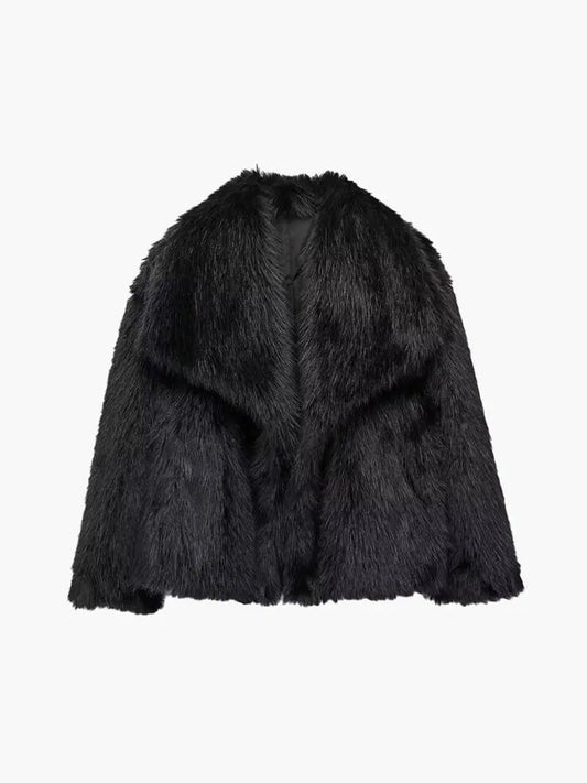 Black shaggy faux fur coat with an open front and oversized lapels, laid flat 2