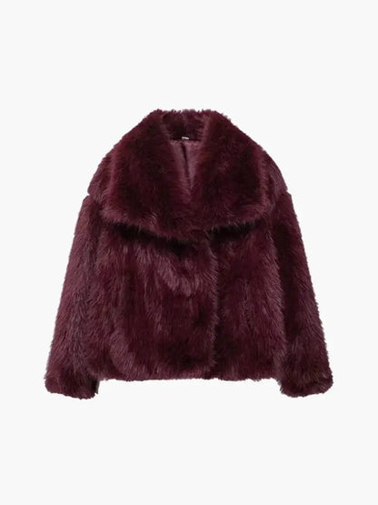 Deep burgundy plush faux fur coat with a broad lapel collar, laid flat, front view 4