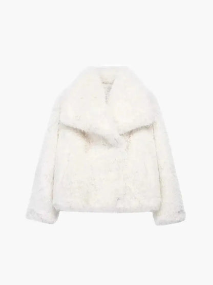 White curly textured faux fur coat with an extra-wide collar, laid flat, front view 5