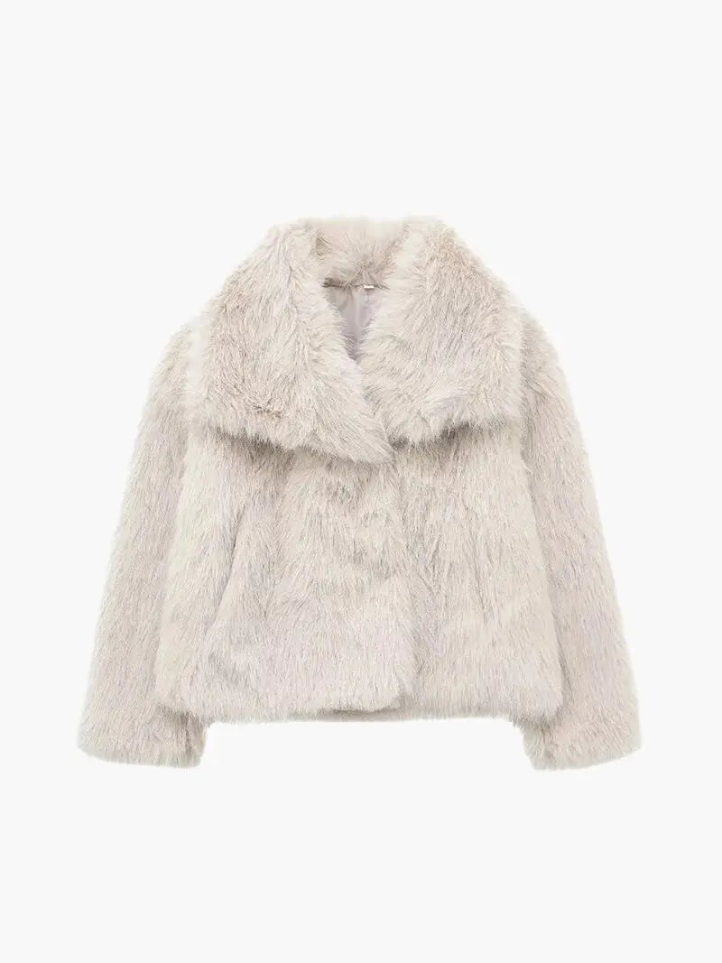Cropped cream fluffy faux fur coat with a wide folded lapel collar, laid flat, front view 1