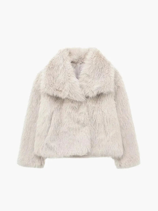 Cropped cream fluffy faux fur coat with a wide folded lapel collar, laid flat, front view 1