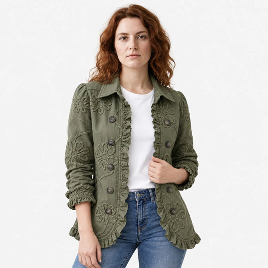 Floral Embroidered Utility Jacket - Vintage Boho Style with Ruffle Trim