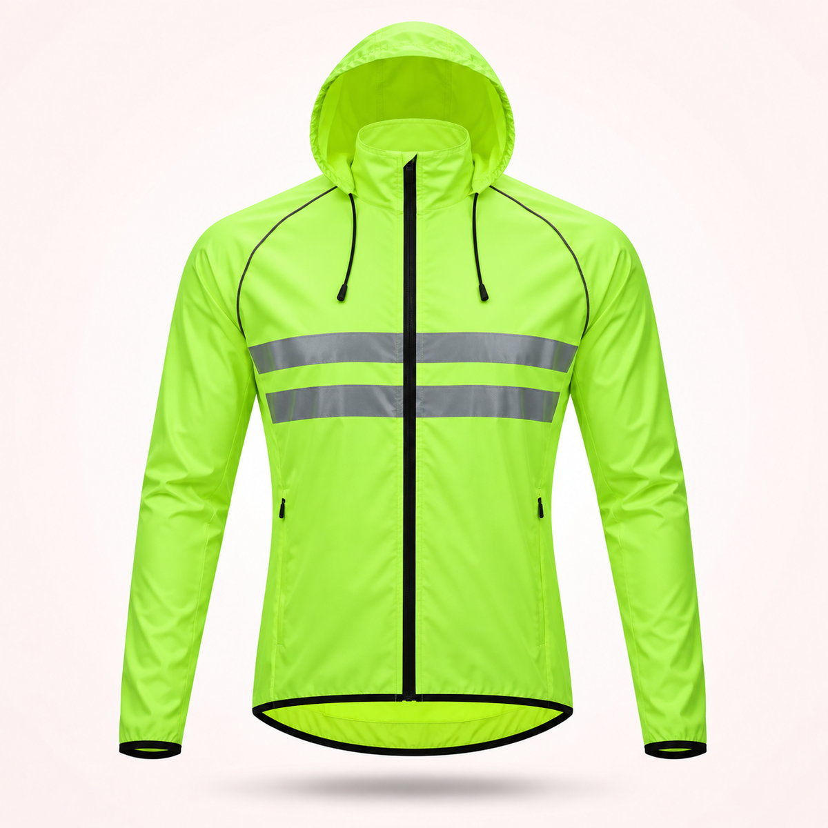 Fluorescent yellow-green hooded version of the jacket with drawcords, two grey reflective chest stripes and zipped side pockets. 19