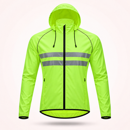 Fluorescent yellow-green hooded version of the jacket with drawcords, two grey reflective chest stripes and zipped side pockets. 19