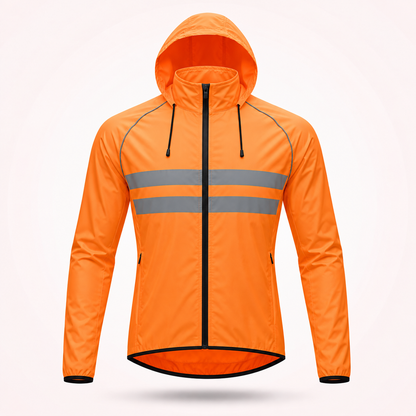 Orange hooded version of the jacket with drawcords, two grey reflective chest stripes and zipped side pockets. 20
