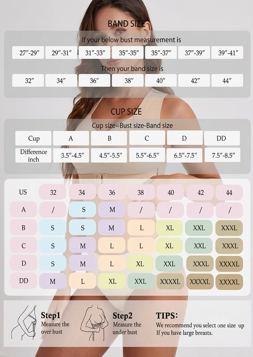 Size guide chart for band and cup sizes laid over a faded photo of a model in the beige bra 20