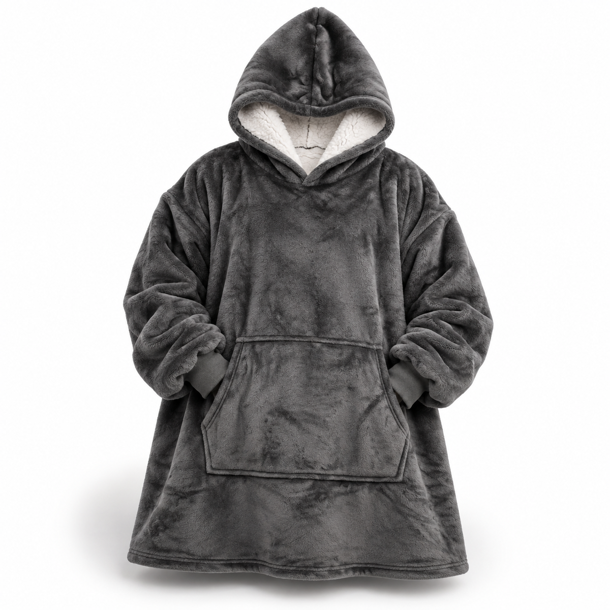 Front view of the dark grey fleece hoodie blanket with white sherpa-lined hood, large front pocket and ribbed cuffs. 1