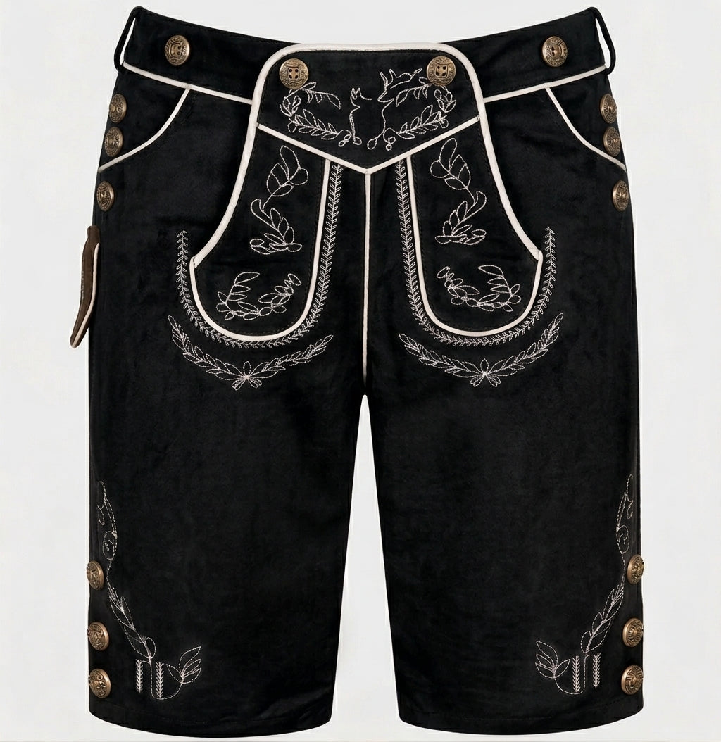 Black version, front view, with cream piping, white embroidery and antique-brass buttons on the sides and hems 2