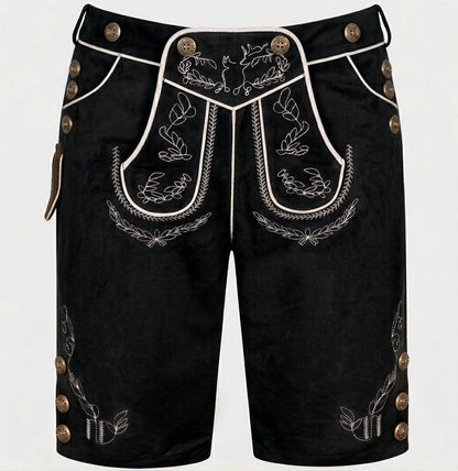 Black version, front view, with cream piping, white embroidery and antique-brass buttons on the sides and hems 2