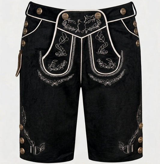 Black version, front view, with cream piping, white embroidery and antique-brass buttons on the sides and hems 2